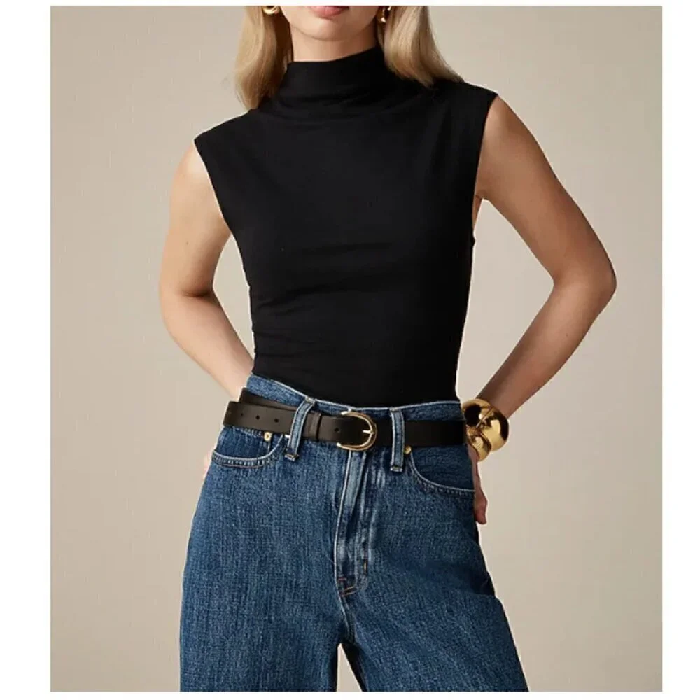 J. Crew Fitted Mockneck Tank Top in Stretch Cotton Blend Black Size XXS NWT